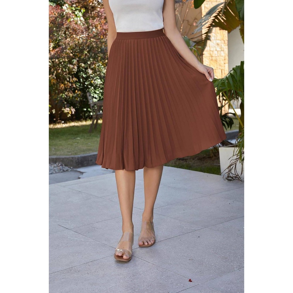 Grace Karin Rust Brown Pleated Midi Skirt Small Elastic Waist Lined A-Line NEW